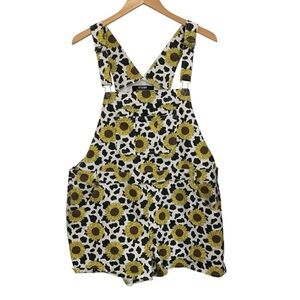 Hot Topic Denim Sunflower Cow Print Shortall Womens XL Overalls Pockets Yellow